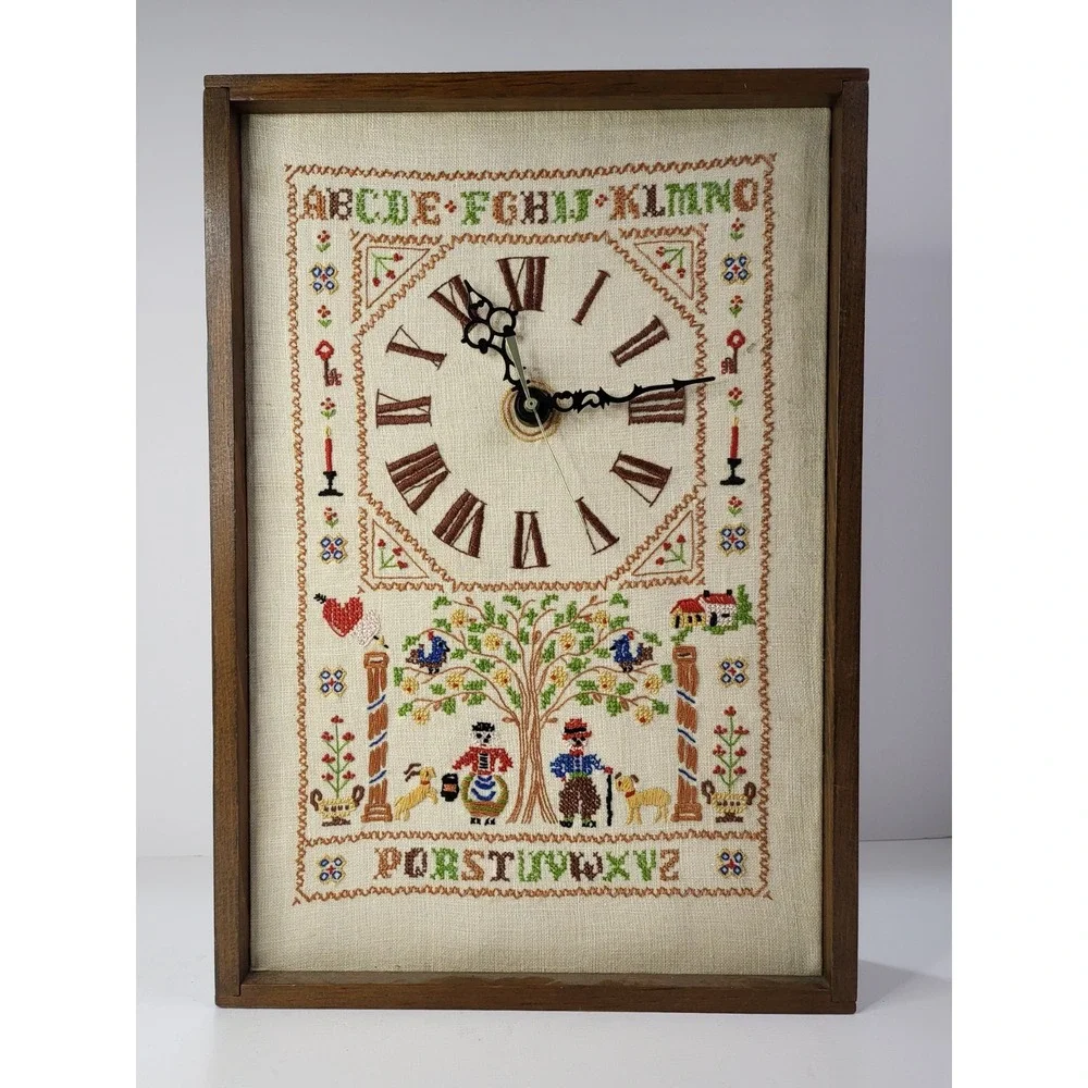 Vintage Clock Needlepoint Grandmillenial Wood Frame Alphabet Cottagecore Works